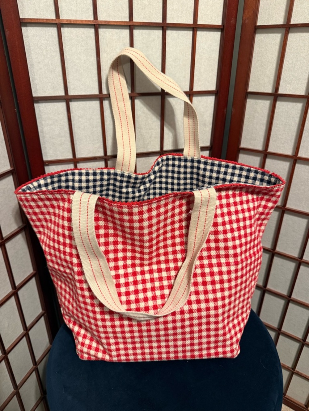 Spacious Reversible Canvas Tote Handbag -  Red & Navy Gingham